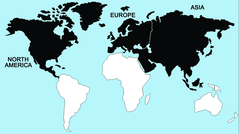 Asia, Europe and North America