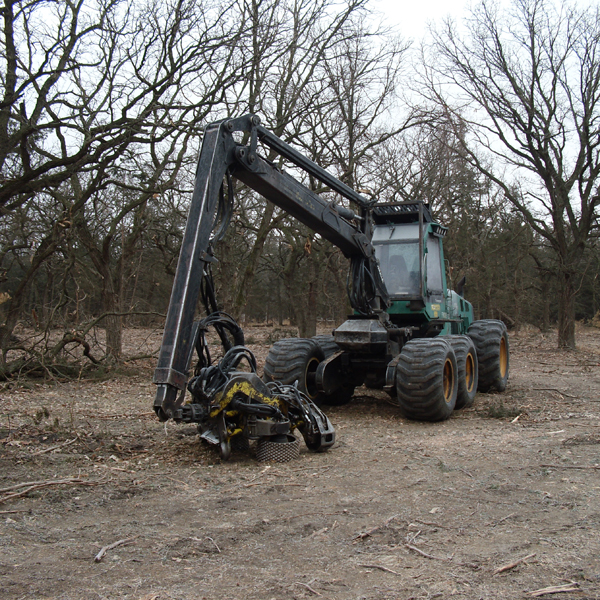 Timberjack Harvester used by private loggers to remove encroaching eastern redcedar trees and restore oak woodlands.