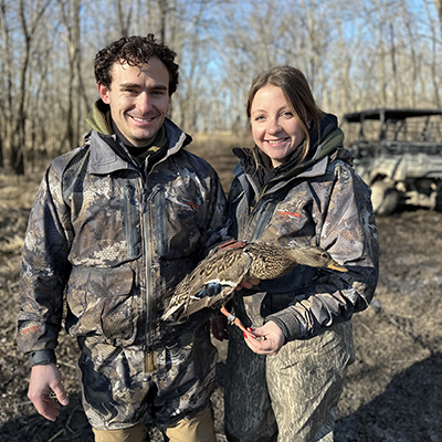A female mallard with a GPS backpack and leg-band