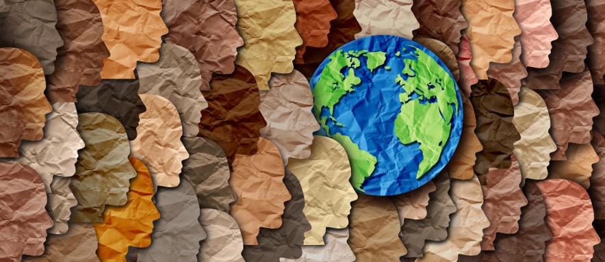 Paper faces with globe