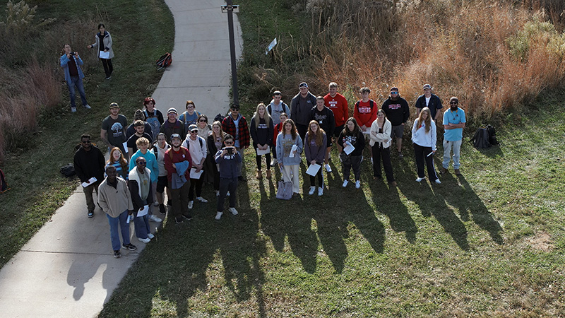 Students take a group selfie using the drone.